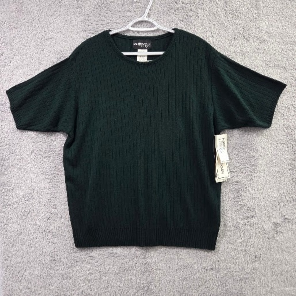 Sag Harbor Sweater Women's 2X Dark Green Vintage Made in USA Ribbed Short Sleeve